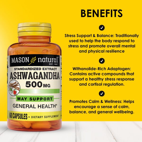 Etiqueta del suplemento Mason Natural Ashwagandha 500 mg 180 días