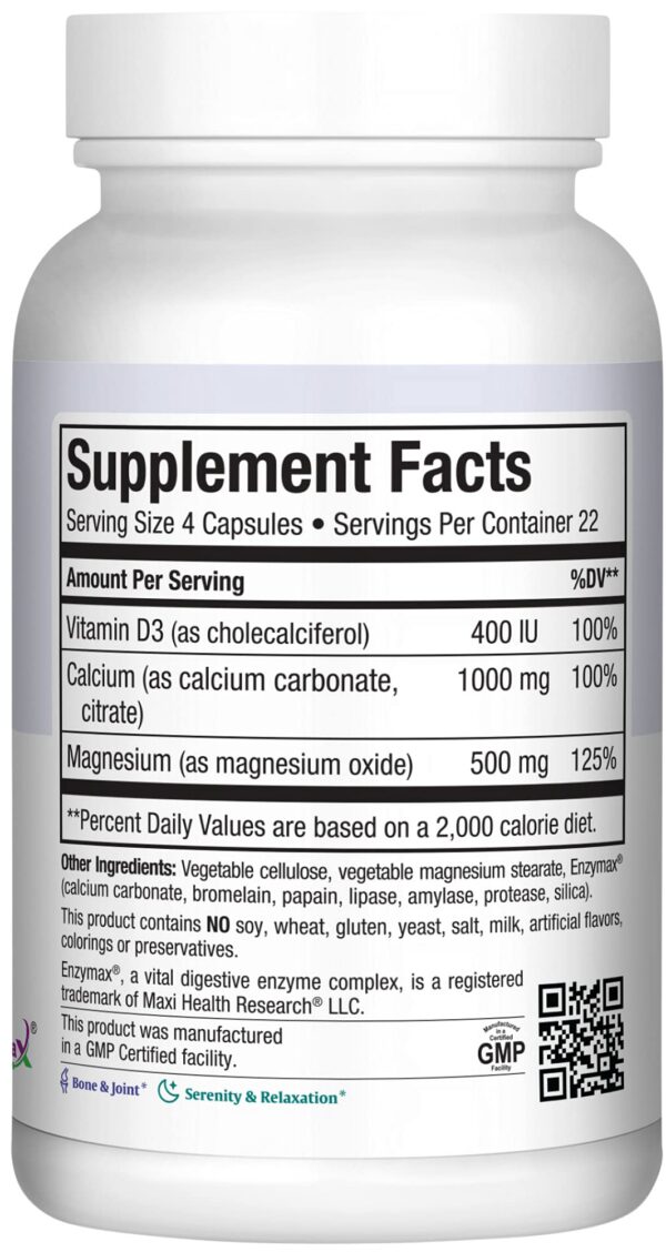Etiqueta del suplemento Maxi Health Calcio con D3 y magnesio