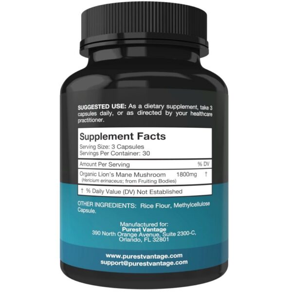 Etiqueta suplemento melena de león Purest Vantage 1800mg