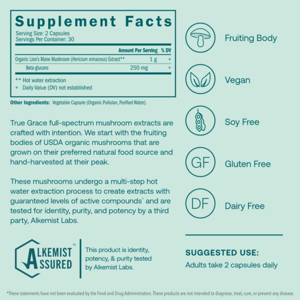 Etiqueta y detalles de suplemento Melena de León para soporte cognitivo