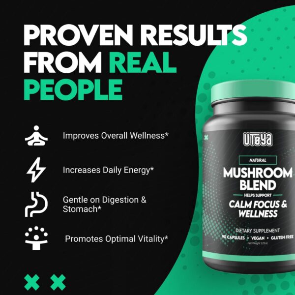 Etiqueta del suplemento natural de hongos UTOYA en botella