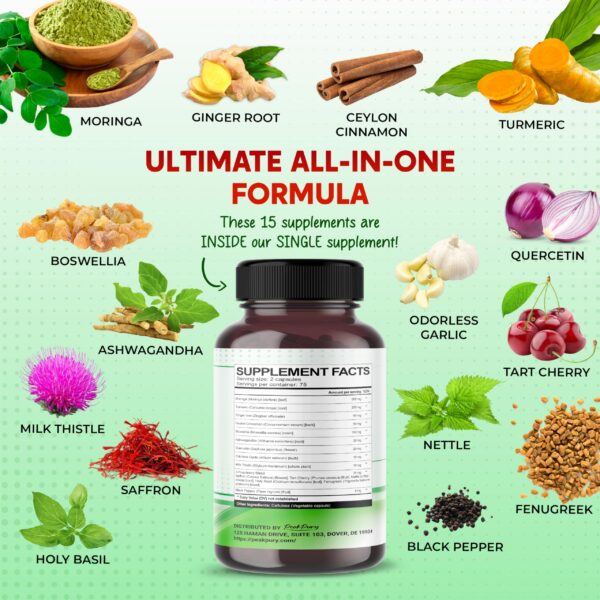 Etiqueta suplemento natural con ingredientes moringa y jengibre