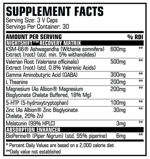 Etiqueta del suplemento NIGHTSHIFT con Ashwagandha y valeriana