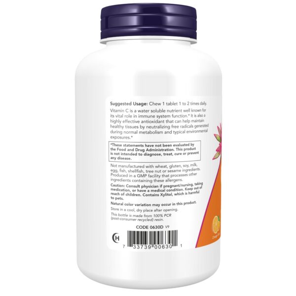 Etiqueta suplemento NOW Vitamina C-500 sabor naranja