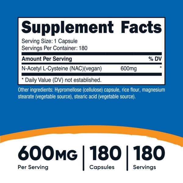 Etiqueta frontal del suplemento Nutricost NAC 600mg 180 cápsulas