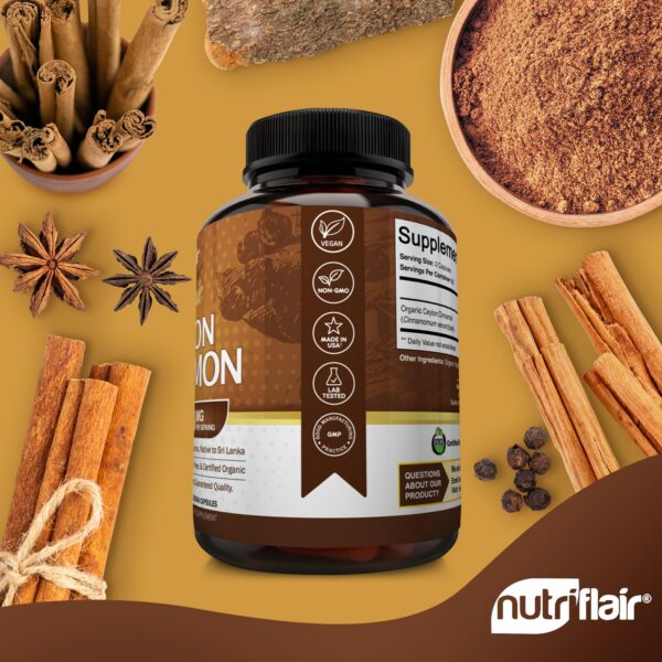 Etiqueta frontal de suplemento NutriFlair canela de Ceilán orgánica
