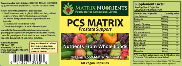 Version 1.0.0 Etiqueta del suplemento PCS Matrix ingredientes naturales