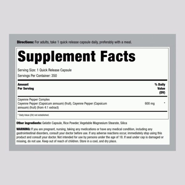 Etiqueta suplemento pimienta de cayena 600 mg 350 cápsulas