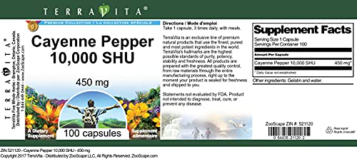 Etiqueta de suplemento pimienta de cayena TerraVita 100 cápsulas