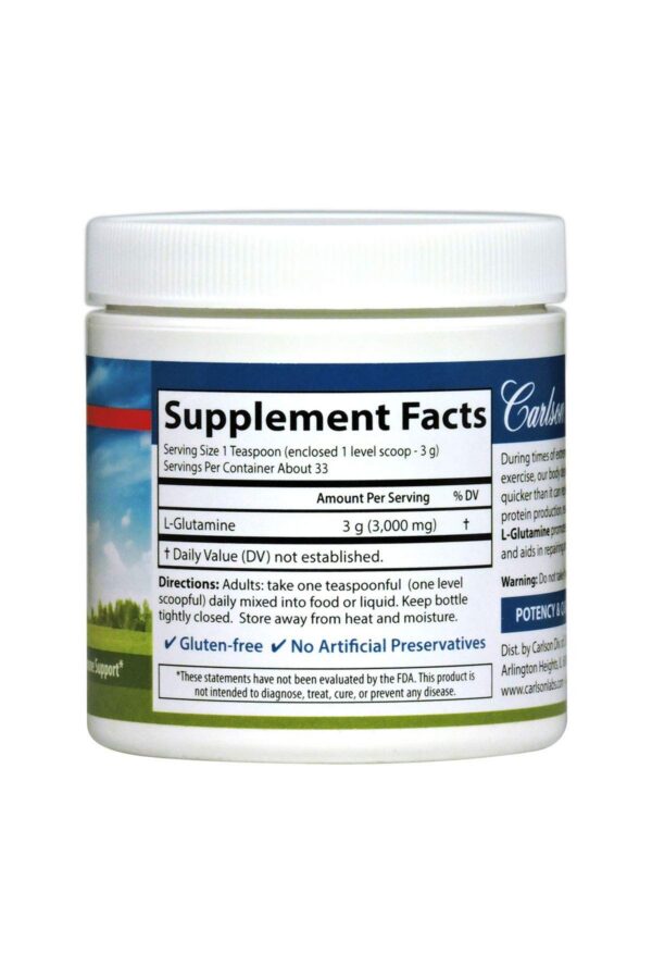 Etiqueta del suplemento polvo L-Glutamina Carlson 3.53 oz