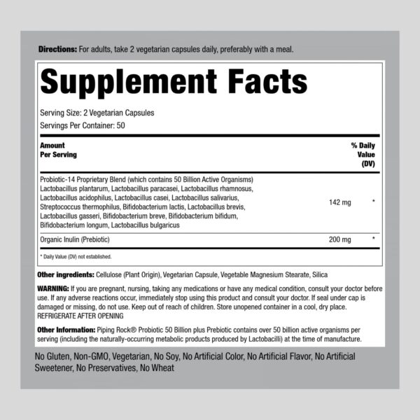 Etiqueta suplemento probiótico y prebiótico Piping Rock 14 cepas