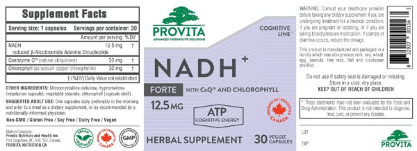 Etiqueta suplemento PROVITA NADH+ fórmula vegana alta pureza