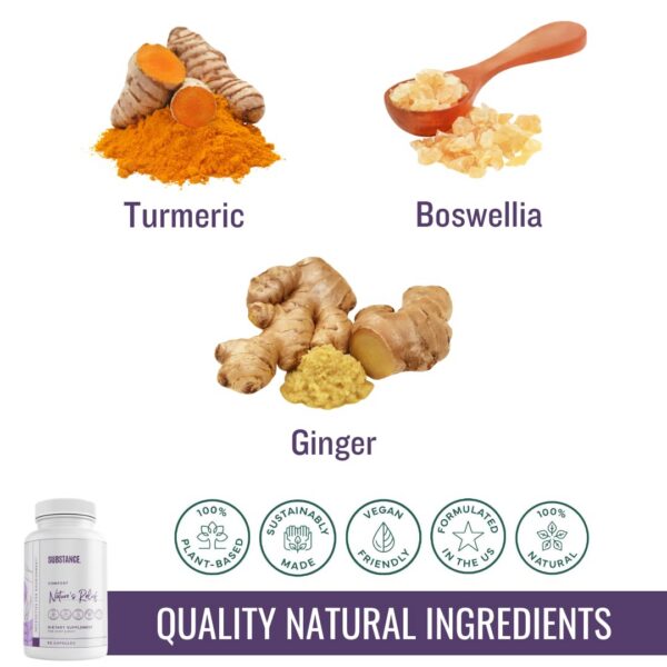 Version 1.0.0 Etiqueta del suplemento Nature's Relief mostrando ingredientes clave.