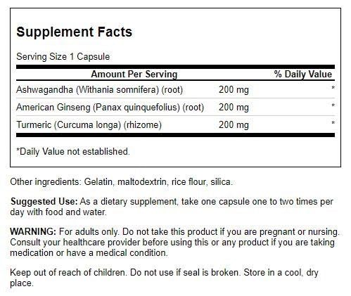 Etiqueta suplemento Swanson cúrcuma ashwagandha ginseng 60 cápsulas