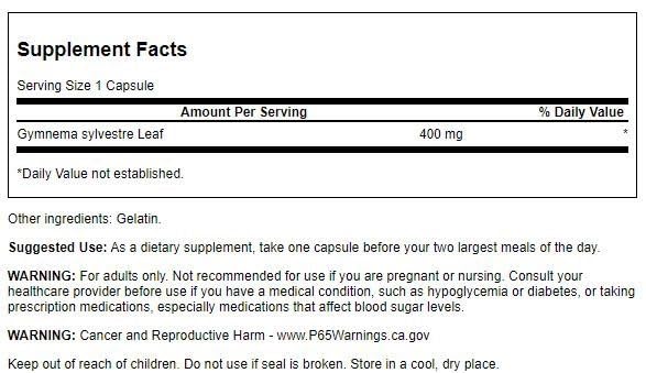 Etiqueta suplemento Swanson Gymnema Sylvestre 100 cápsulas