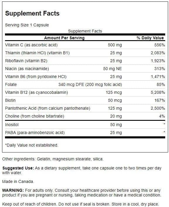 Etiqueta suplemento Swanson Super Stress Complejo B
