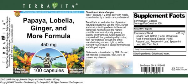 Etiqueta suplemento TerraVita papaya lobelia jengibre