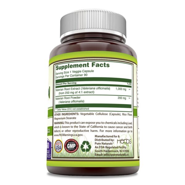 Etiqueta suplemento valeriana Pure Naturals 1200 mg sin gluten