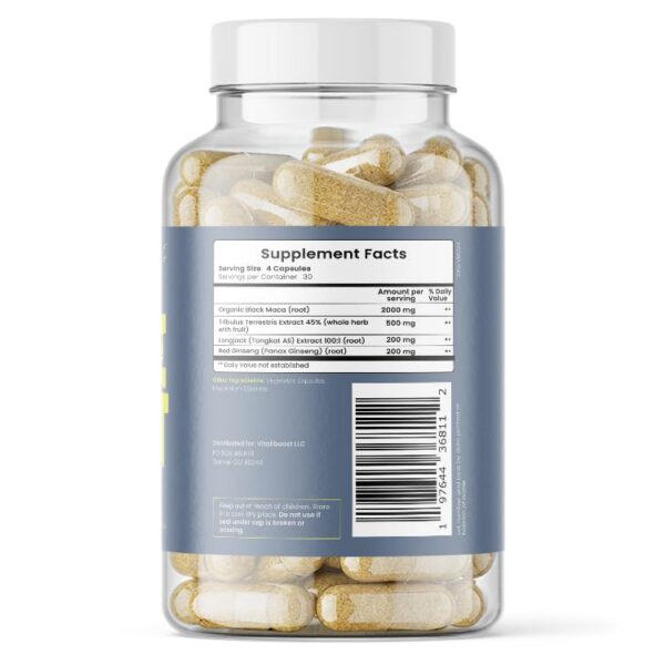 Etiqueta del suplemento VB Health Drive Boost con ingredientes naturales