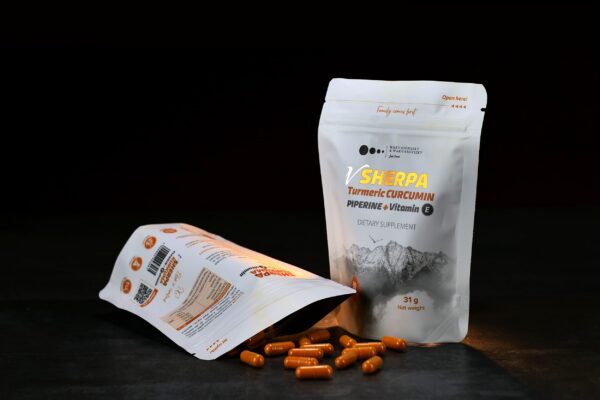 Etiqueta suplemento vSherpa cúrcuma curcumina piperina