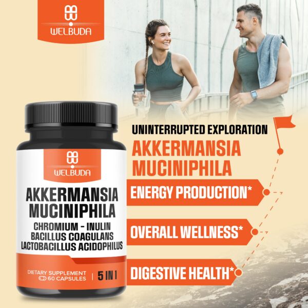 Etiqueta suplemento WELBUDA Akkermansia cápsulas blancas