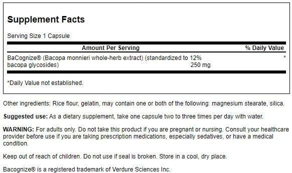 Etiqueta Swanson Bacopa Monnieri extracto adaptógeno suplemento