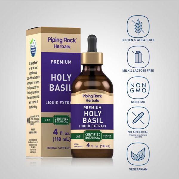 Etiqueta con detalles de tinctura albahaca sagrada Piping Rock