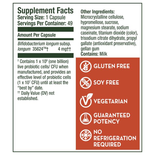Etiqueta trasera Align probiótico con información del producto