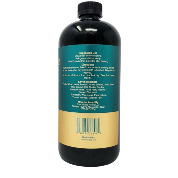 Version 1.0.0 Etiqueta trasera producto detox Ever Living Herbs ingredientes