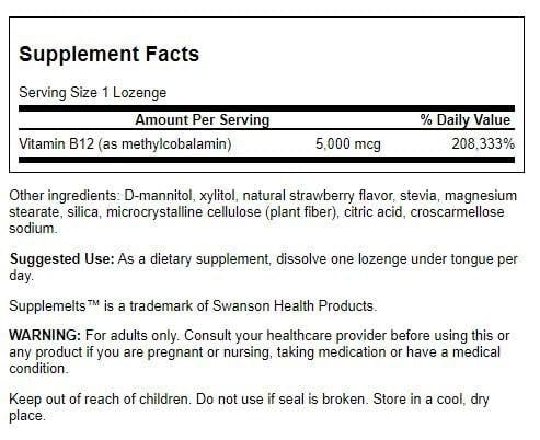 Etiqueta trasera Swanson Vitamina B-12 5 mg sublingual