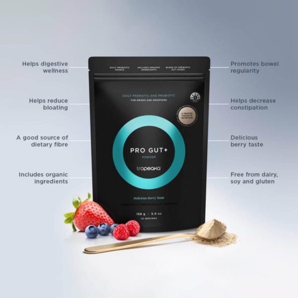 Etiqueta Tropeaka Pro Gut+ suplemento digestivo en polvo