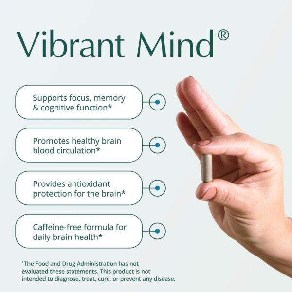 Etiqueta Vibrant Mind nootrópico memoria y enfoque sin cafeína