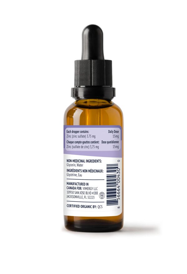 Etiqueta de producto Vimergy Zinc para beneficios diarios