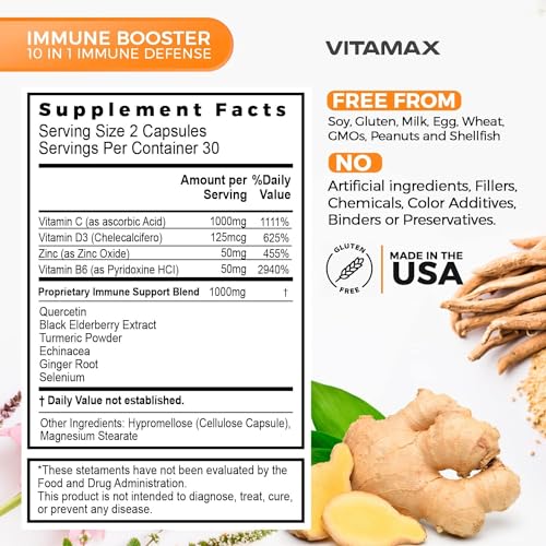 Etiqueta de Vitamax Immune System Defense con detalles del producto
