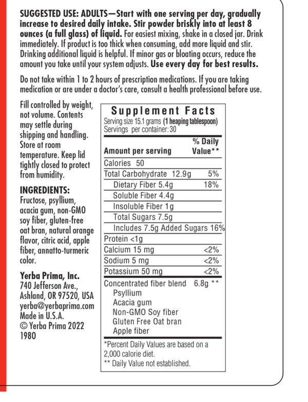 Yerba Prima Fibra suplemento paquete trasero