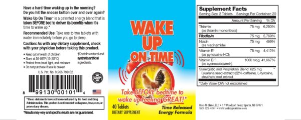 Vista del etiquetado del suplemento energético Wake Up On Time