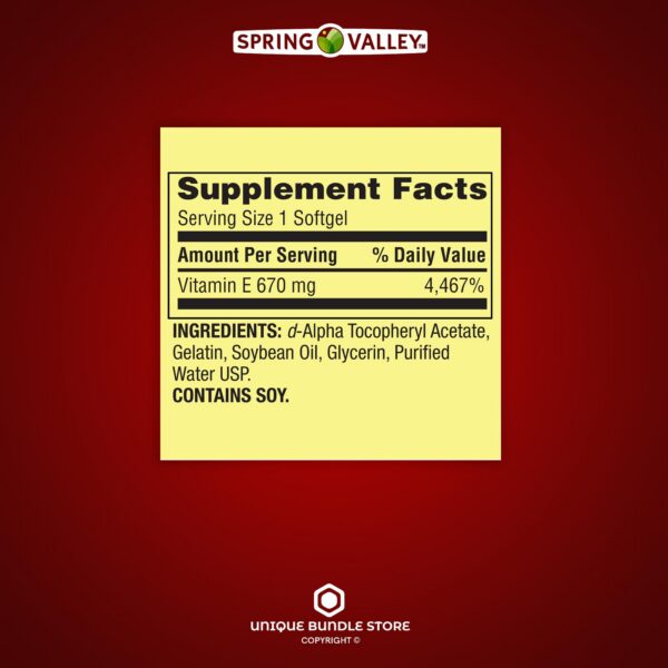 Etiquetas de información suplemento vitamina E Spring Valley