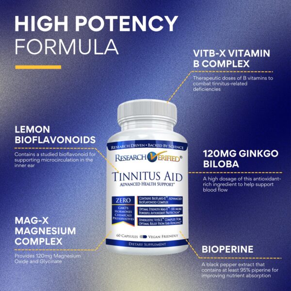 Etiquetas de suplemento para tinnitus Research Verified con ingredientes naturales