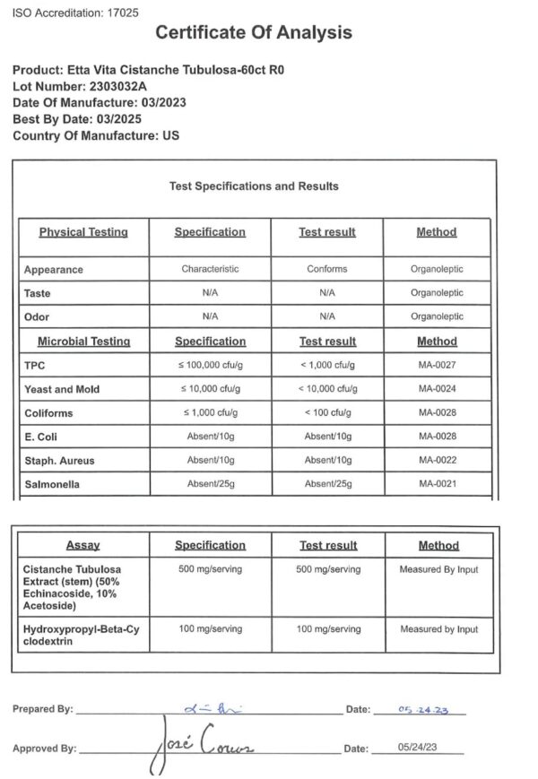 Version 1.0.0 Etiqueta frontal suplemento Cistanche Tubulosa Etta Vita