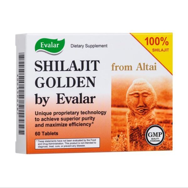 Shilajit Golden Evalar - tableta negra sobre fondo blanco