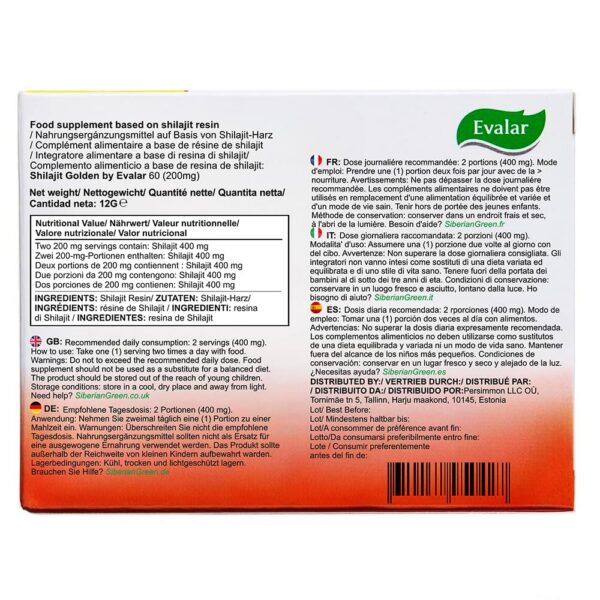 Caja/cartón de Shilajit Golden de Evalar