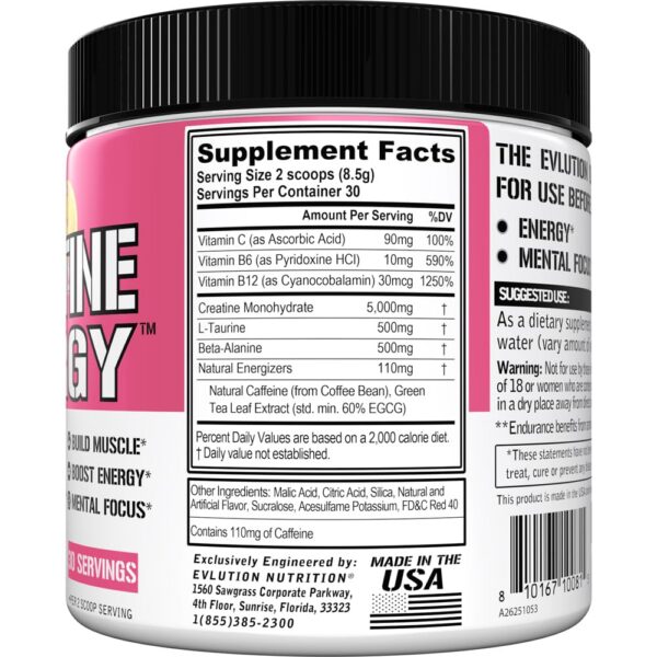 Etiqueta de EVL Creatine Energy con información de ingredientes