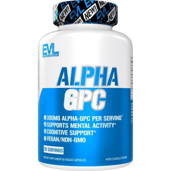 Caja y frasco Alpha GPC 600 mg EVL Nutrition