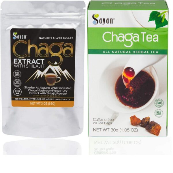 Paquete del extracto de hongo chaga siberiano Sayan con shilajit y bolsitas de té