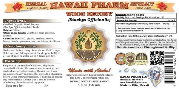 Botella de tintura herbal de Wood Betony Hawaii Pharm