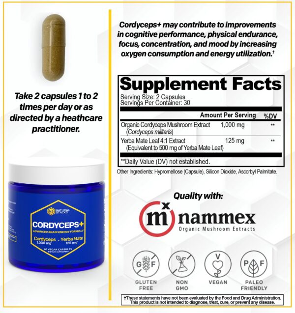 Extracto cordyceps 1000 mg y yerba mate 125 mg suplemento cápsulas