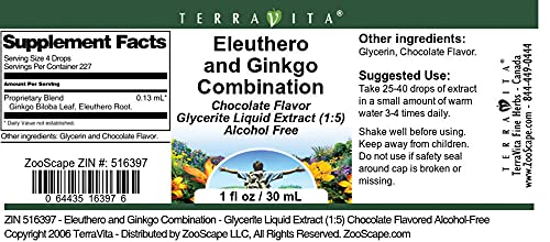 Close up botella Eleuthero Ginkgo Terravita extracto líquido