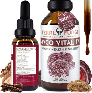 Botella de extracto Feral Fungi Myco-Vitality con etiqueta