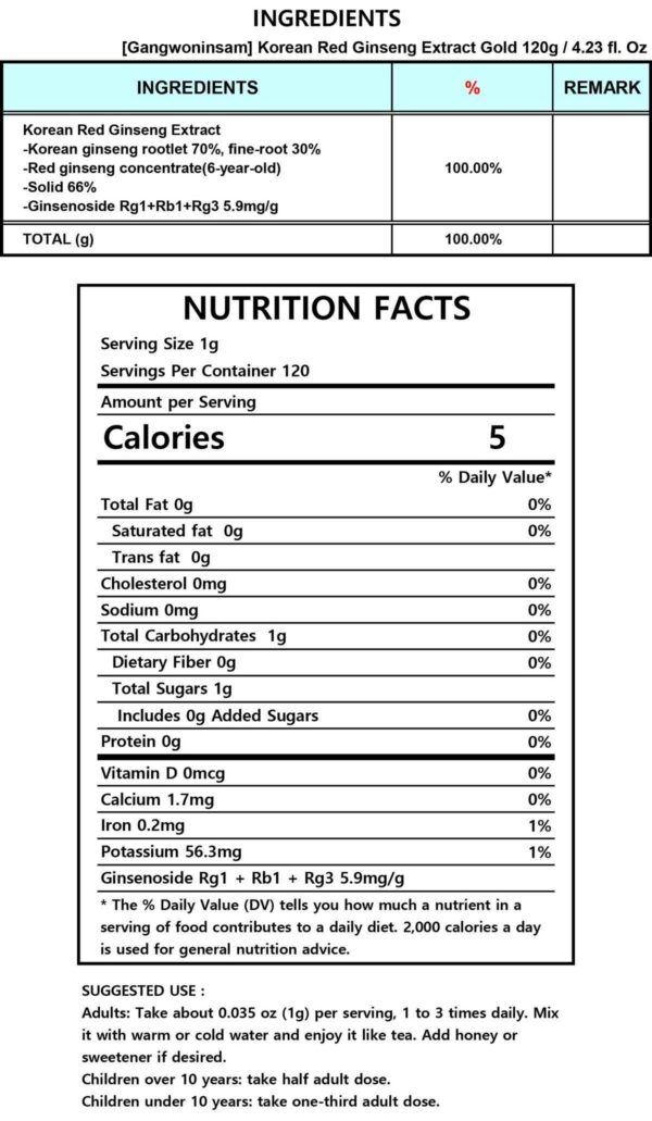 Extracto ginseng rojo coreano Gangwoninsam uso sugerido