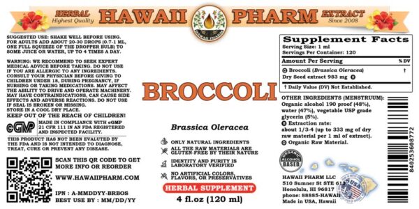 Extracto herbal orgánico de brócoli Hawaii Pharm en botella